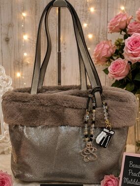 Jessica Simpson Metallic Silver Faux Fur Trim Tote with Charm